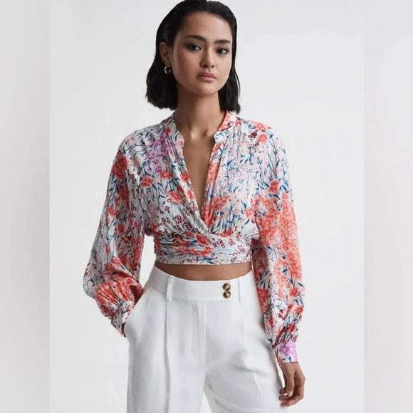 Reiss Tops - REISS ELLE FLORAL PRINT TIE FRONT CROPPED BLOUSE SIZE 0